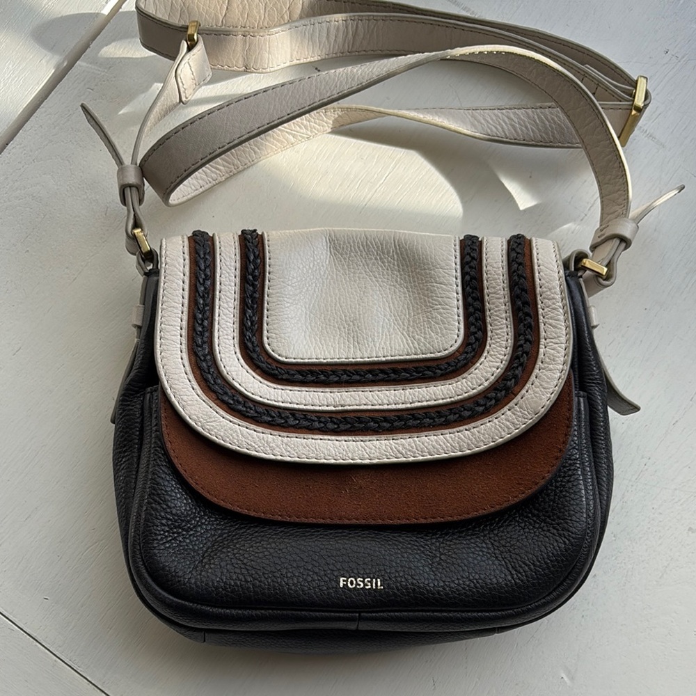 Fossil Women's Black and Brown Leather Crossbody Bag